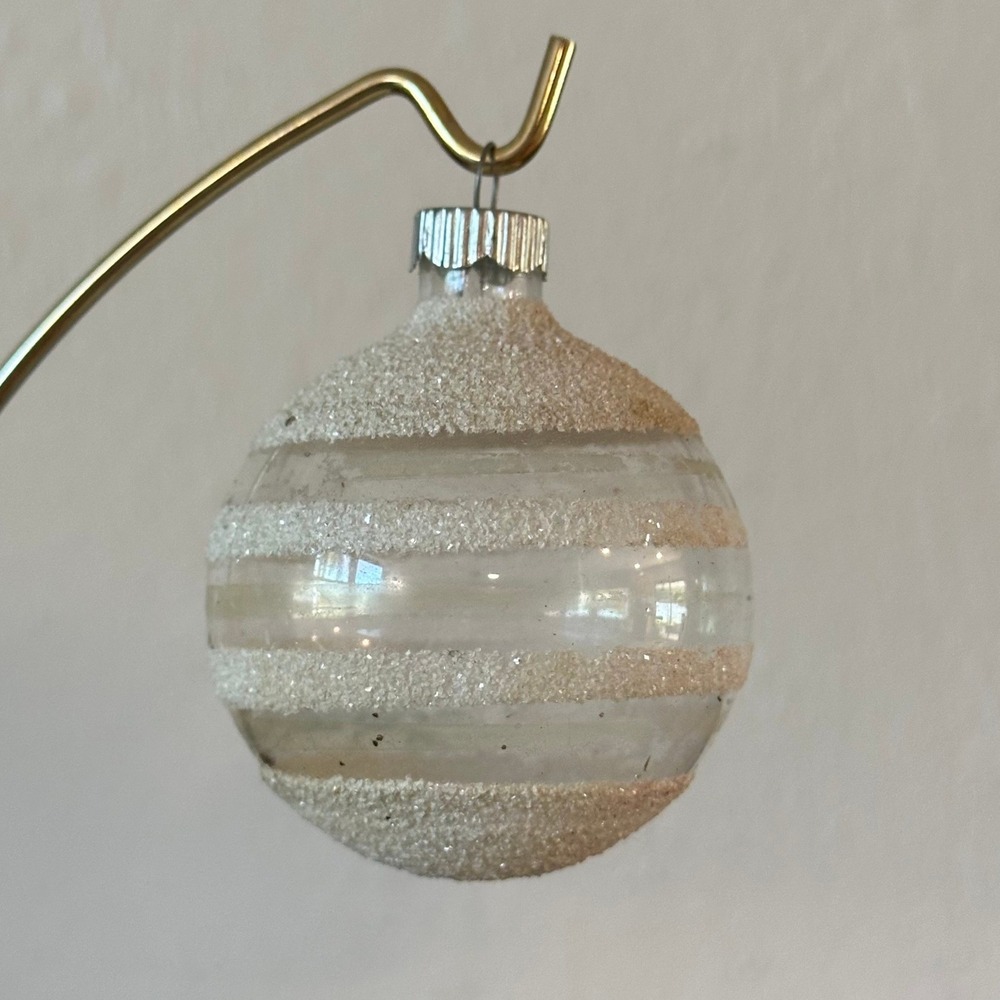 Vtg Shiny Brite Glass Unsilvered Christmas Ornament White Mica Stripe USA Made